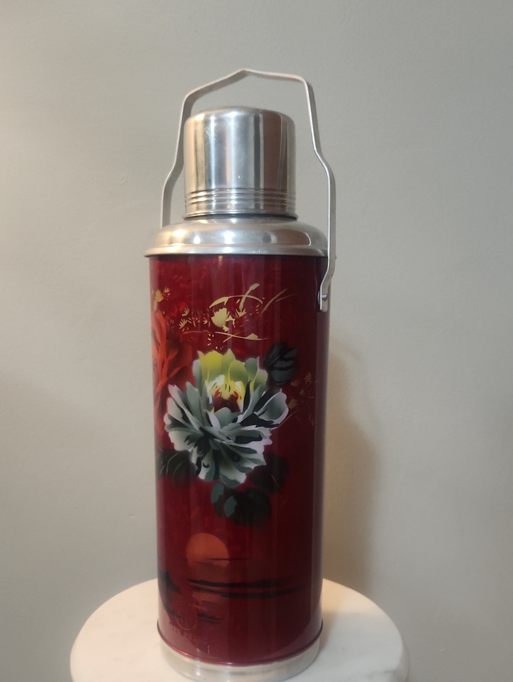 Vintage Deer Brand Chinese Vacuum Flask Red Peony Thermos 1970-80s All Original